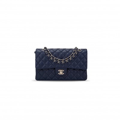 CHANEL CLASSIC DOUBLE FLAP QUILTED CAVIAR SILVER-TONE MEDIUM NAVY BLUE A01112 (25.5*15.5*6.5cm)